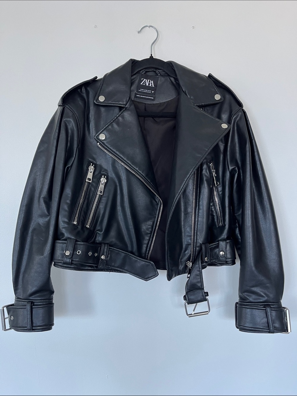 ZARA Black Faux Leather Biker Jacket with Belted Waist